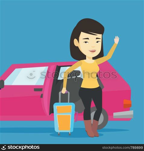 Asian woman with suitcase standing on the background of open car door. Young happy woman waving in front of car. Happy woman going to vacation by car. Vector flat design illustration. Square layout.. Young asian woman traveling by car.