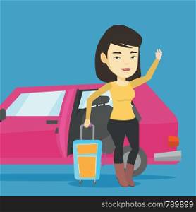 Asian woman with suitcase standing on the background of open car door. Young happy woman waving in front of car. Happy woman going to vacation by car. Vector flat design illustration. Square layout.. Young asian woman traveling by car.