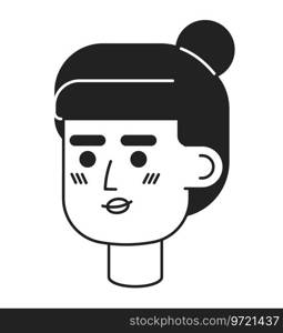Asian woman with top knot bun black and white 2D vector avatar illustration. Korean young woman outline cartoon character face isolated. Stylish girl smile flat user profile image, portrait female. Asian woman with top knot bun black and white 2D vector avatar illustration