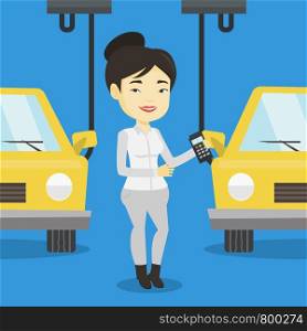 Asian worker of car factory. Happy young engineer at work on car factory. Worker controlling modern automated assembly line for cars. Car production. Vector flat design illustration. Square layout.. Worker controlling automated assembly line for car