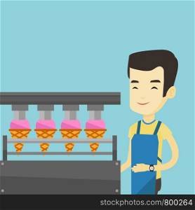 Asian worker of ice cream manufacture. Worker of factory producing ice-cream. Young confectioner working on automatic production line of ice cream. Vector flat design illustration. Square layout.. Worker of factory producing ice-cream.