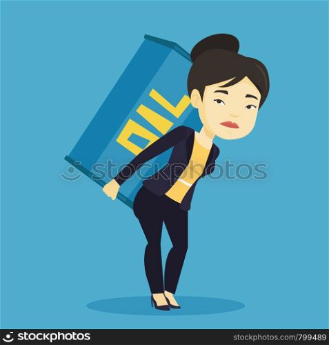 Asian worker of oil industry carrying barrel on her back. Young worker walking with oil barrel on her back. Woman holding heavy oil barrel on her back. Vector flat design illustration. Square layout.. Woman carrying oil barrel vector illustration.