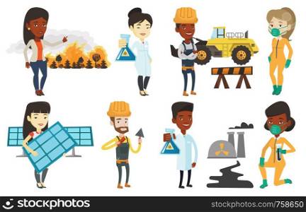 Asian worker of solar power plant holding solar panel. Woman with panel in hands standing on the background of solar power plant. Set of vector flat design illustrations isolated on white background.. Vector set of characters on ecology issues.
