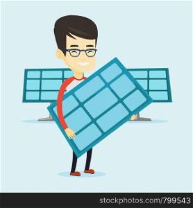 Asian worker of solar power plant holding solar panel in hands. Young man with panel in hands standing on the background of solar power plant. Vector flat design illustration. Square layout.. Man holding solar panel vector illustration.