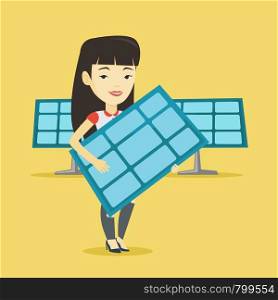 Asian worker of solar power plant holding solar panel in hands. Young woman with panel in hands standing on the background of solar power plant. Vector flat design illustration. Square layout.. Woman holding solar panel vector illustration.