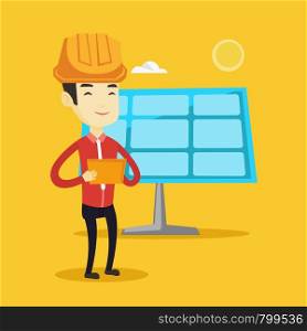 Asian worker of solar power plant. Young engineer working on a digital tablet at solar power plant. Engineer in hard hat checking solar panel setup. Vector flat design illustration. Square layout.. Asian worker of solar power plant.