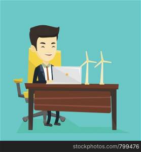 Asian worker of wind farm working on a laptop. Young engineer projecting wind turbine in office. Smiling engineer with model of wind turbine. Vector flat design illustration. Square layout.. Man working with model of wind turbines.