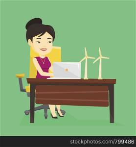 Asian worker of wind farm working on a laptop. Young engineer projecting wind turbine in office. Smiling engineer with model of wind turbine. Vector flat design illustration. Square layout.. Woman working with model of wind turbines.