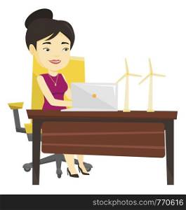 Asian worker of wind farm working on laptop. Young engineer projecting wind turbine in office. Smiling engineer with model of wind turbine. Vector flat design illustration isolated on white background. Woman working with model of wind turbines.
