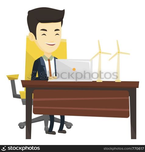 Asian worker of wind farm working on laptop. Young engineer projecting wind turbine in office. Smiling engineer with model of wind turbine. Vector flat design illustration isolated on white background. Man working with model of wind turbines.