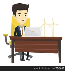 Asian worker of wind farm working on laptop. Young engineer projecting wind turbine in office. Smiling engineer with model of wind turbine. Vector flat design illustration isolated on white background. Man working with model of wind turbines.