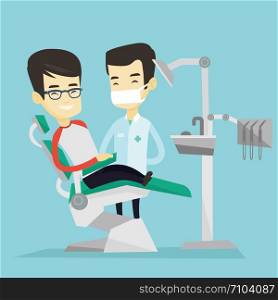Asian young man sitting in dental chair while dentist standing nearby. Doctor and patient in the dental clinic. Patient on reception at the dentist. Vector flat design illustration. Square layout.. Patient and doctor at dentist office.