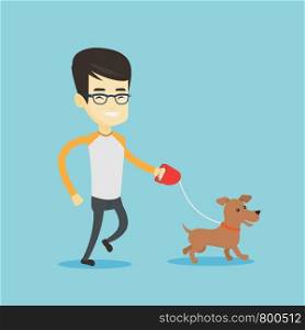 Asian young man with his dog. Cheerful man walking with his small dog. Happy man taking dog on a walk. Smiling man walking a dog on a leash. Vector flat design illustration. Square layout.. Young man walking with his dog.