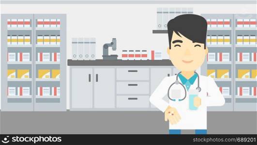 Asian young pharmacist in medical gown holding in hands a glass of water and pills. Pharmacist standing in the laboratory. Pharmacist giving pills. Vector flat design illustration. Horizontal layout.. Pharmacist giving pills and glass of water.
