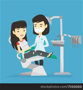 Asian young woman sitting in dental chair while dentist standing nearby. Doctor and patient in the dental clinic. Patient on reception at the dentist. Vector flat design illustration. Square layout.. Patient and doctor at dentist office.