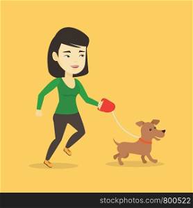 Asian young woman with her dog. Cheerful woman walking with her small dog. Happy woman taking dog on a walk. Smiling woman walking a dog on a leash. Vector flat design illustration. Square layout.. Young woman walking with her dog.