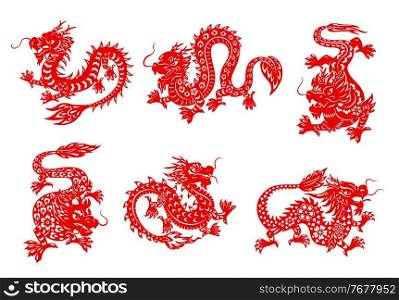 Asian zodiac horoscope dragon vector papercuts. Red dragon animal isolated horoscope symbols with Asian paper cut ornaments of flowers, fire flames and clouds, oriental astrology. Zodiac horoscope dragon papercut animals
