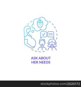 Ask about her needs blue gradient concept icon. Partner support during pregnancy abstract idea thin line illustration. Treating pregnant wife with care. Vector isolated outline color drawing. Ask about her needs blue gradient concept icon