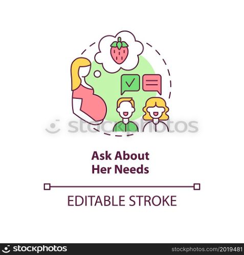 Ask about her needs concept icon. Partner support during pregnancy abstract idea thin line illustration. Expectant mom needs. Eat healthy foods. Vector isolated outline color drawing. Editable stroke. Ask about her needs concept icon
