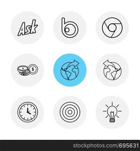 ask , chrome , dollar, world , globe, stop watch dart ,idea , icon, vector, design, flat, collection, style, creative, icons