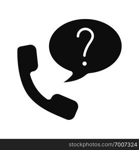 Ask question by phone glyph icon. Support service. Silhouette symbol. Handset with question mark inside speech bubble. Negative space. Vector isolated illustration. Ask question by phone glyph icon