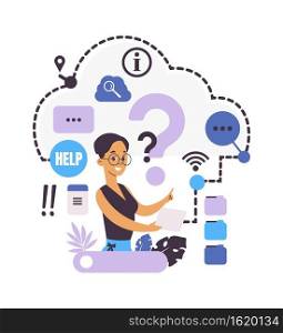 Ask questions. Online support service. Searching information in internet. Confused woman looking for solution, character writes to customer assistance. Help for clients and users, vector illustration. Ask questions. Online support. Searching information in internet. Confused woman looking for solution, character writes to customer assistance. Help for clients, vector illustration