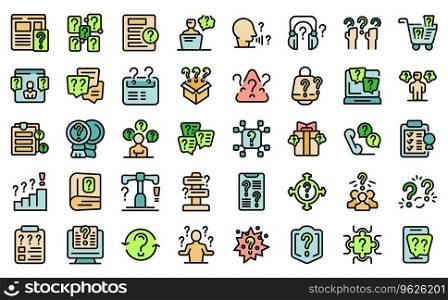 Asking a question icons set outline vector. Post chat. Poll online thin line color flat on white isolated. Asking a question icons set vector line color