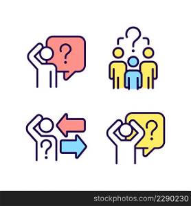Asking and answering on questions RGB color icons set. Sharing information. Social communication. Isolated vector illustrations. Simple filled line drawings collection. Editable stroke. Asking and answering on questions RGB color icons set