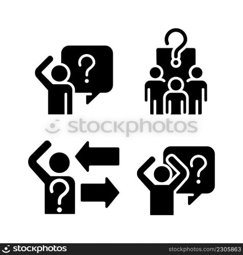 Asking and answering questions black glyph icons set on white space. Sharing information. Social communication building. Silhouette symbols. Solid pictogram pack. Vector isolated illustration. Asking and answering questions black glyph icons set on white space