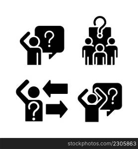 Asking and answering questions black glyph icons set on white space. Sharing information. Social communication building. Silhouette symbols. Solid pictogram pack. Vector isolated illustration. Asking and answering questions black glyph icons set on white space