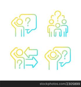 Asking and answering questions gradient linear vector icons set. Sharing information. Social communication. Thin line contour symbol designs bundle. Isolated outline illustrations collection. Asking and answering questions gradient linear vector icons set