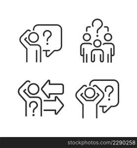 Asking and answering questions linear icons set. Sharing information field. Social communication. Customizable thin line symbols. Isolated vector outline illustrations. Editable stroke. Asking and answering questions linear icons set