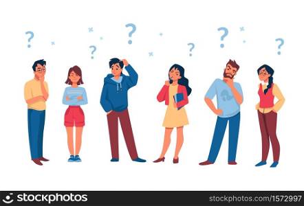 Asking people. Cartoon curious persons with question marks solve problem and thinking. Vector illustration diverse thoughtful male and female characters with searching answer to questions. Asking people. Cartoon curious persons with question marks solve problem and thinking. Vector diverse thoughtful male and female characters