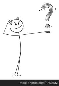 Asking person holding question mark symbol and looking for answer, vector cartoon stick figure or character illustration.. Person Asking and Holding Question Mark Symbol, Vector Cartoon Stick Figure Illustration
