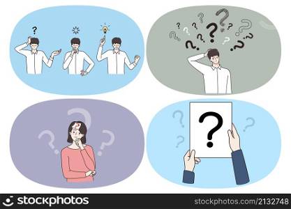 Asking searching for decision concept. Set of young people with question mark around feeling doubt trying to find best decision need help or great idea for business vector illustration. Asking searching for decision concept