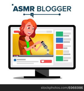 ASMR Blogger Channel Vector. Female. Fast Help To Sleep. Insomnia Concept. Isolated Illustration. ASMR Blogger Channel Vector. Teen. Whisper. Online Live Broadcast. Isolated Illustration