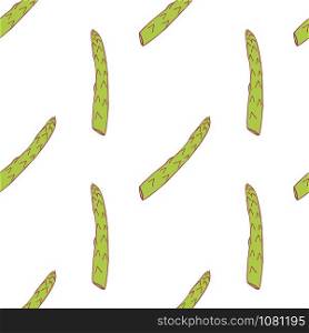 Asparagus seamless pattern for wallpaper design. Fresh ripe color food. Organic healthy vegetable. Raw, vegan, vegetarian food. Cartoon pattern on white backdrop. Vector doodle design. . Asparagus seamless pattern
