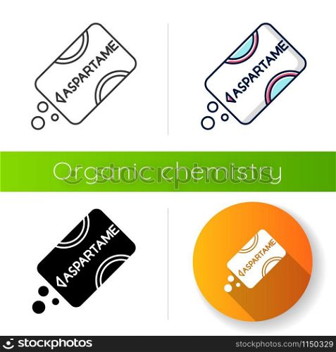 Aspartame icon. Low calorie additive. Artificial sweetener. Sugar substitude. Organic chemistry product. Sugar alternative. Flat design, linear, black and color styles. Isolated vector illustrations