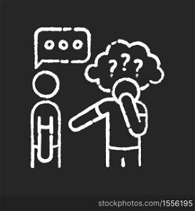 Asperger syndrome chalk white icon on black background. Difficulty with communication. Man with disorder. Speech impairment. Interaction problem. Isolated vector chalkboard illustration. Asperger syndrome chalk white icon on black background