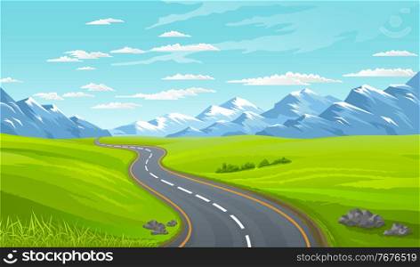 Asphalt road at green summer lawn or meadow. View at beautiful summer landscape with snowy mountains and blue clouded sky at background. Traveling time. Calm scenery, road to mountains, summer. Asphalt road at green meadow with mountains and blue clouded sky at background, traveling time