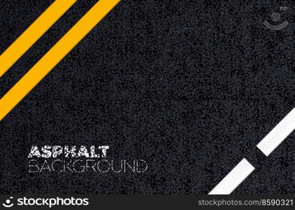 Asphalt road background texture, black tarmac surface. Vector highway with double yellow and dotted white lines marking top view. Tar pavement backdrop, roadway traffic direction. Asphalt road background texture, black surface