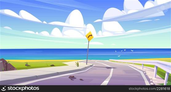Asphalt road with seaview and blue sky with fluffy clouds, curly empty highway at summer countryside landscape with turn sign. Cartoon scenic background with speedway and ocean, Vector illustration. Asphalt road with seaview and blue sky with clouds