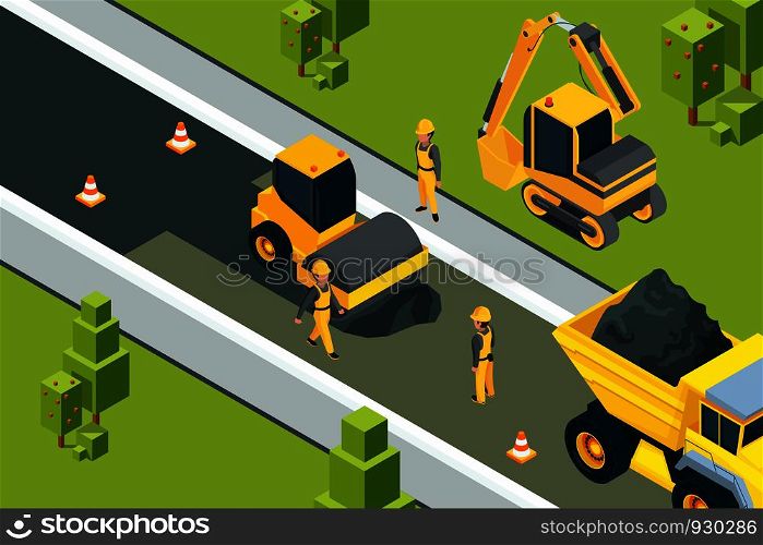 Asphalt street roller. Urban paved road laying safety ground workers builders yellow machines isometric vector landscape. Illustration of road construction asphalt, equipment transportation. Asphalt street roller. Urban paved road laying safety ground workers builders yellow machines isometric vector landscape