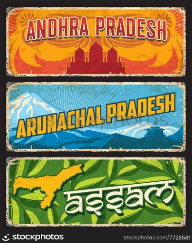 Assam, Andhra and Arunachal Pradesh, India states or regions vector tin signs. Indian states metal plates or city welcome signage with region landmark symbols and emblems, map or city tagline. India states Arunachal, Andhra Pradesh and Assam