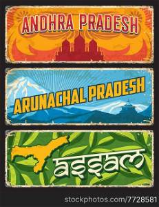 Assam, Andhra and Arunachal Pradesh, India states or regions vector tin signs. Indian states metal plates or city welcome signage with region landmark symbols and emblems, map or city tagline. India states Arunachal, Andhra Pradesh and Assam