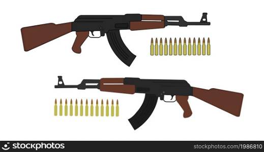 Assault rifle with bullets. Game resources. Vector clip art color illustration isolated on white. Assault rifle with bullets