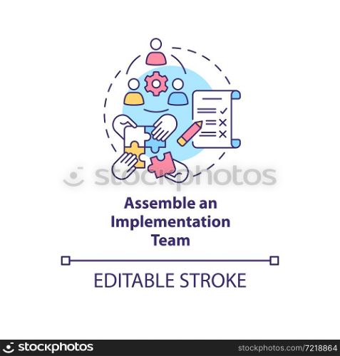 Assemble an implementation team concept icon. Build collaborative relationships. Execution program support abstract idea thin line illustration. Vector isolated outline color drawing. Editable stroke. Assemble an implementation team concept icon