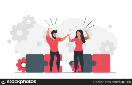 Assemble the puzzle together as a team. People are trying to solve a problem. Man and woman working on solution concept vector illustration