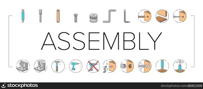 assembly furniture instruction icons set vector. manual diy, man home instructions, repair tools construction, house assemble screw assembly furniture instruction color line illustrations. assembly furniture instruction icons set vector