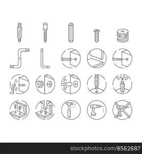 assembly furniture instruction icons set vector. manual diy, man home instructions, repair tools construction, house assemble screw assembly furniture instruction black contour illustrations. assembly furniture instruction icons set vector